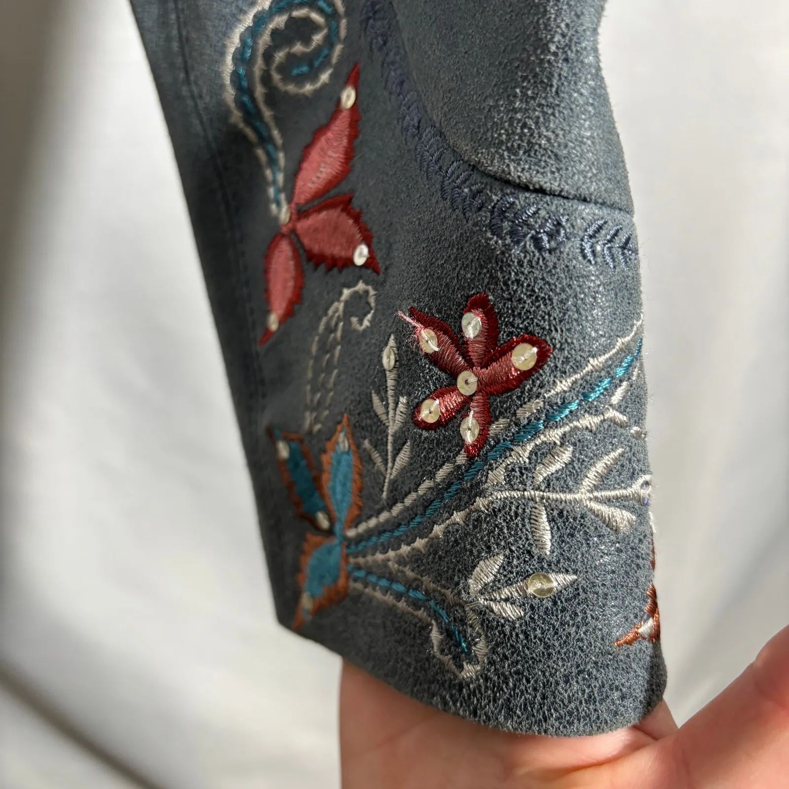 Cripple Creek Leather Jacket Blue Floral Embroidered Western Womens M Boho Rodeo Size M - Image 4