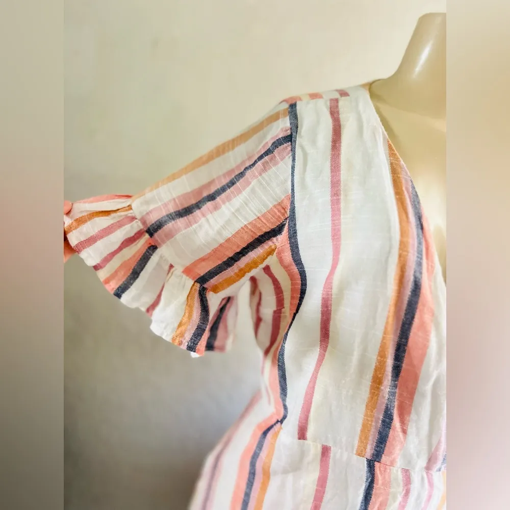 Express Cotton Blend Stripe Ruffle Wrap Dress in Cream Pink Size Medium - Image 5