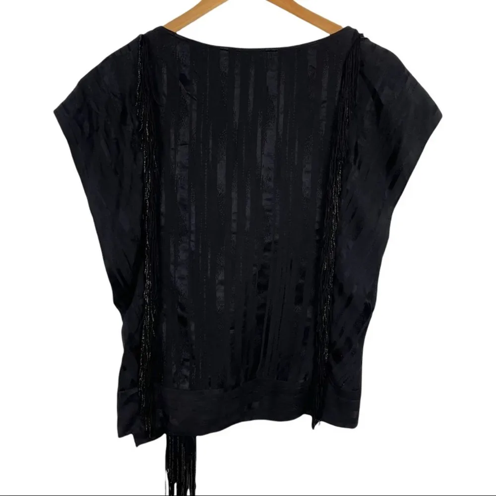 BCBGMAXAZRIA Black Silk Ruffle Blouse Top Beaded Fringe with Shinny Stripes  XXS - Image 7