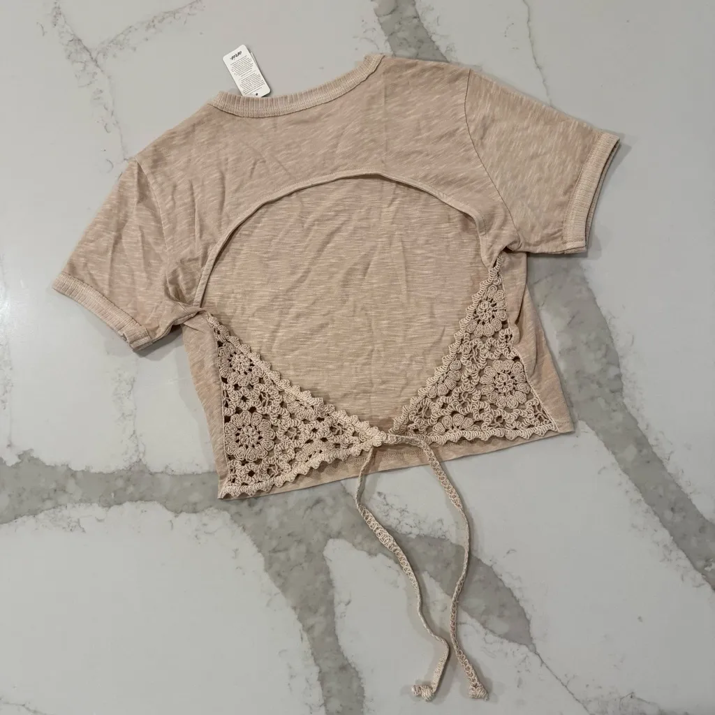 Aerie NWT Summer House Crochet Open Back Baby T-Shirt Women’s Small Sandalwood - Image 8