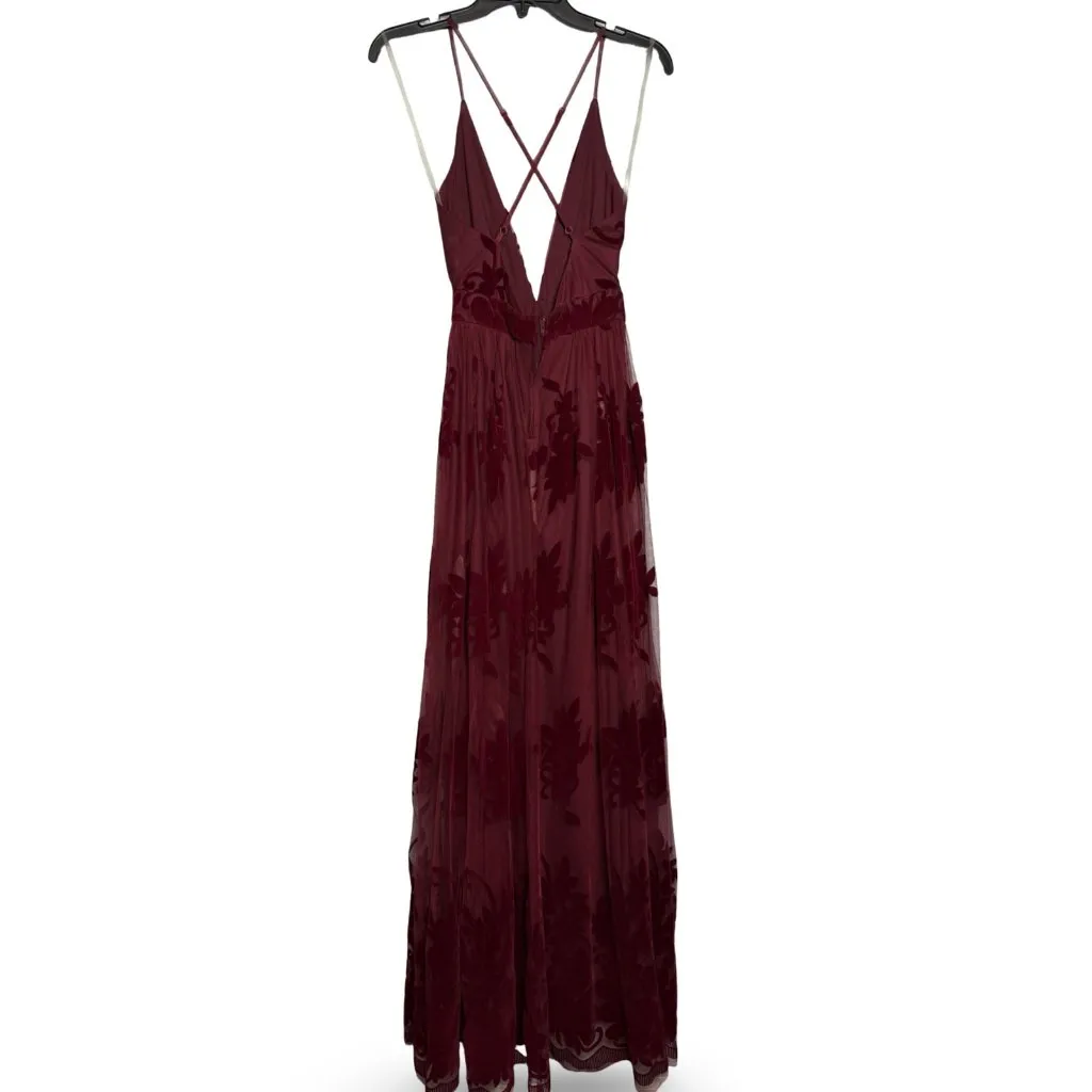 Windsor Morgan Flocked Velvet Formal Dress Small Burgundy Floral Plunge V-Neck - Image 4
