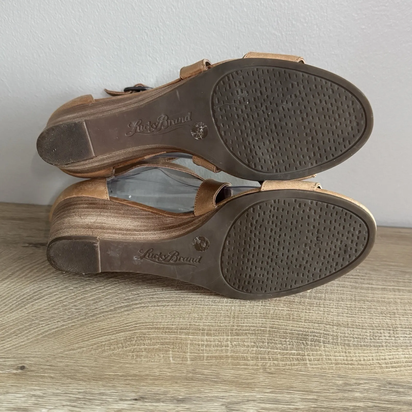 Lucky Brand Tan Leather Wedge Sandals Womens‎ 8M Jenley Summer Boho Classic - Image 9