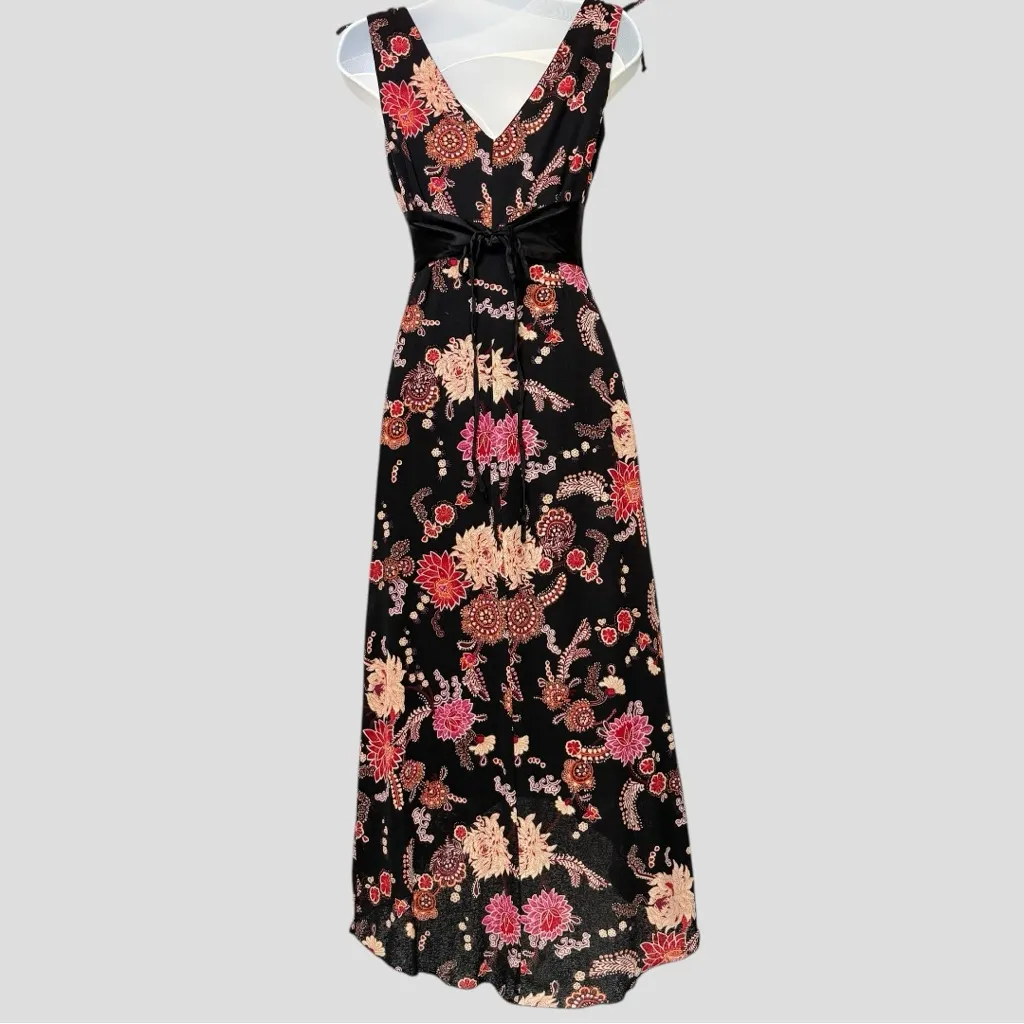 VTG 90s Whimsigoth Dark Coquette Dress M Satin Lace-up Black Floral Babydoll - Image 5