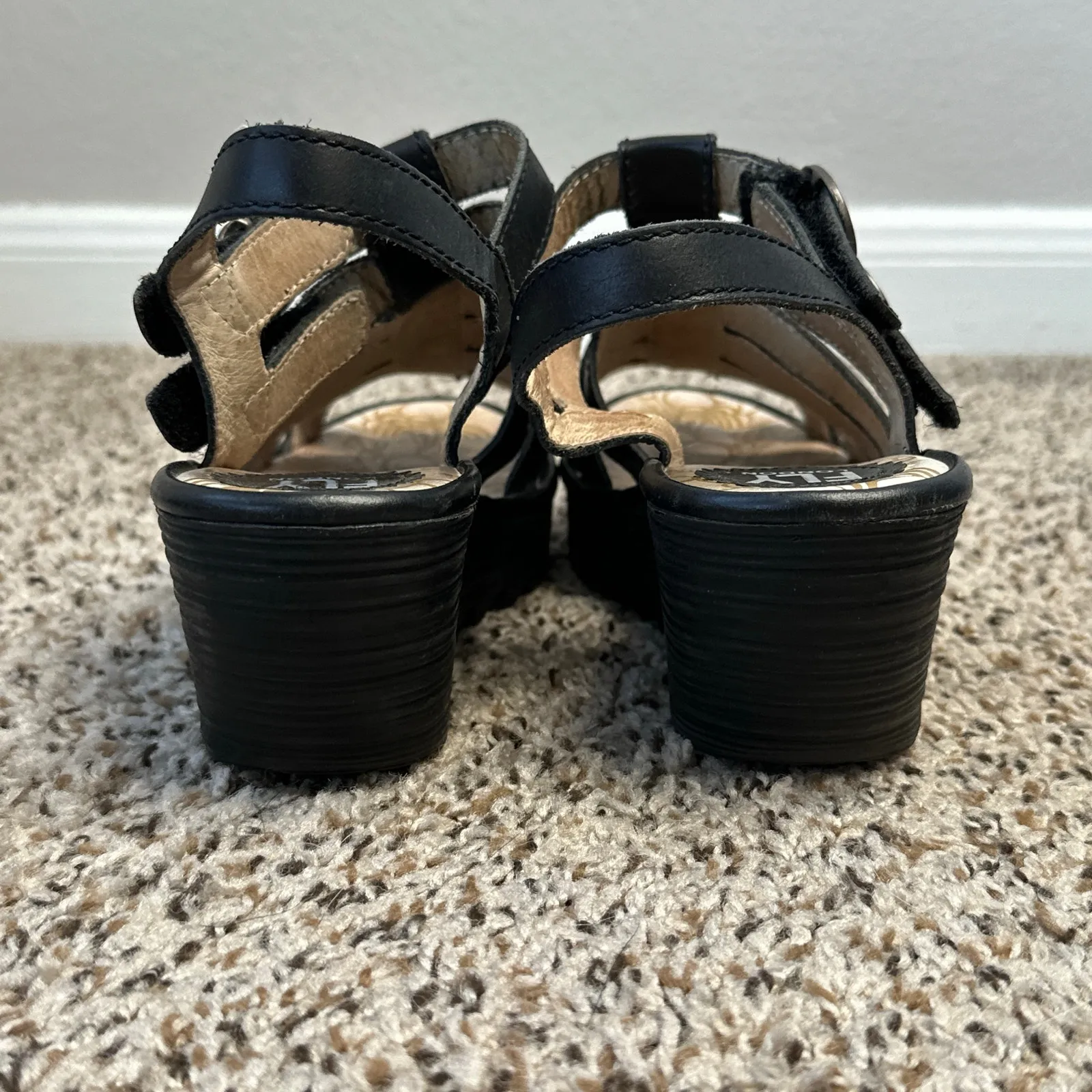 FLY LONDON Ygor Wedge Gladiator Heeled Sandal Size 8 39 Black Strappy Chunky - Image 7