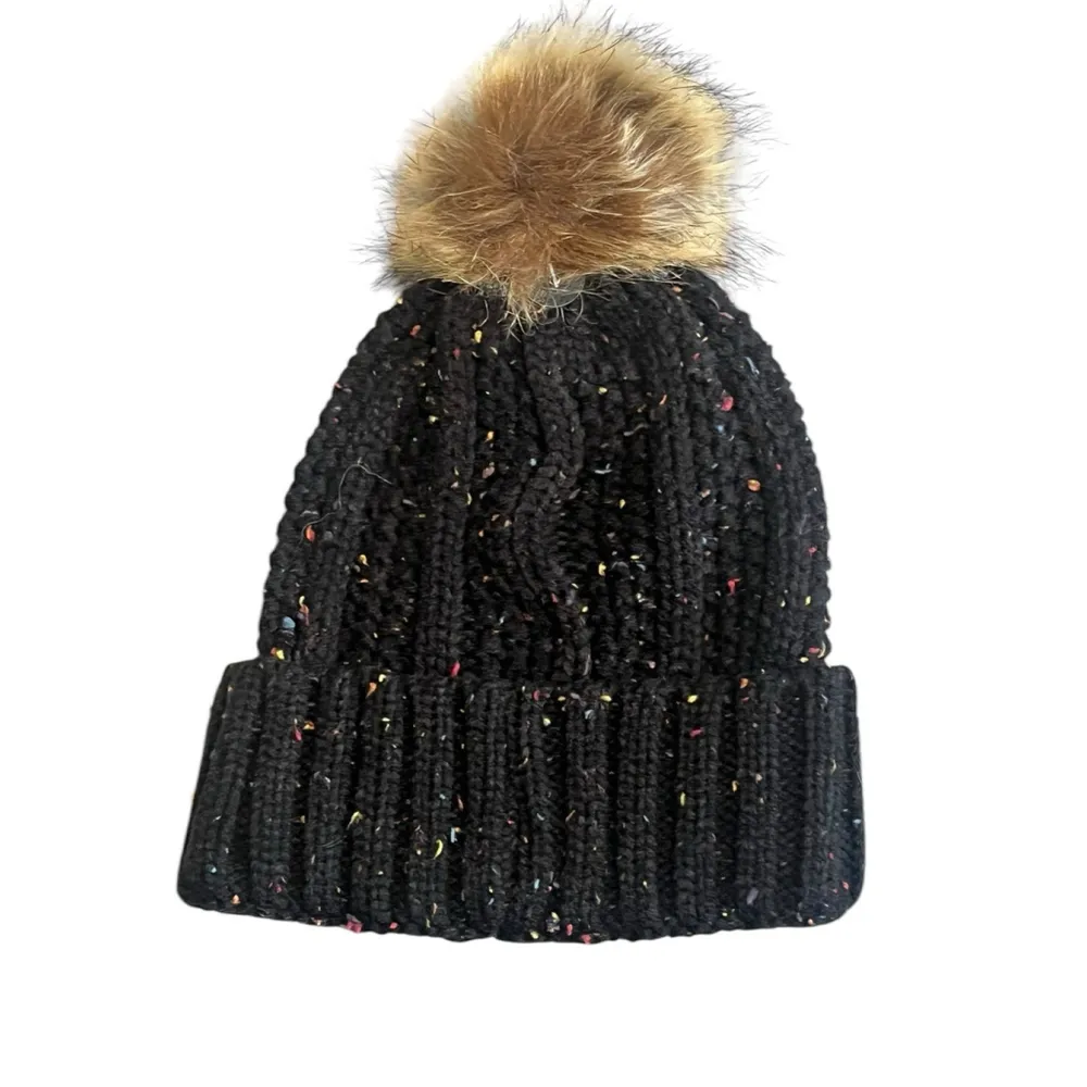 Jessica Simpson Beanie Knit Hat Womens OS Black Speckled Faux Fur Pom Pom NWT - Image 9
