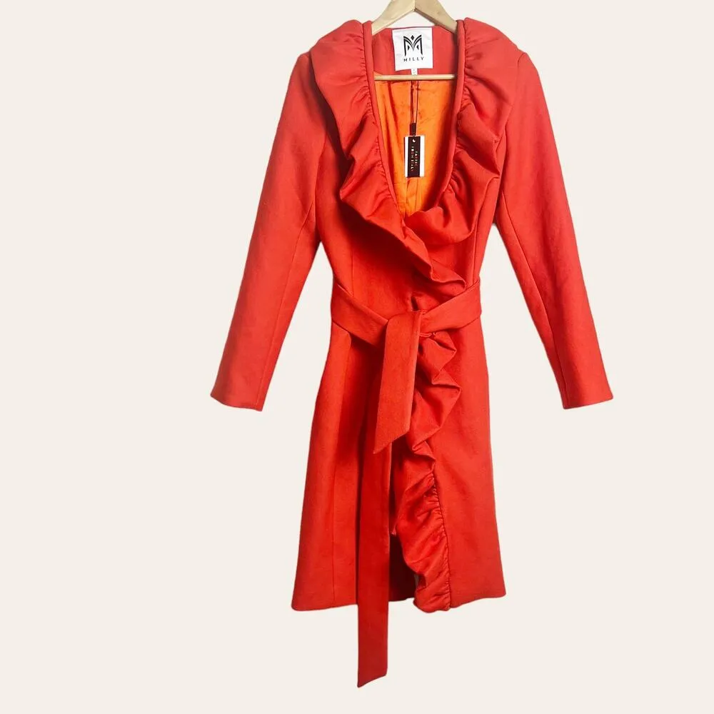 Milly Flame Red Ruffle Front Belted Knee-Length Coat Size 4 NWT - Image 2