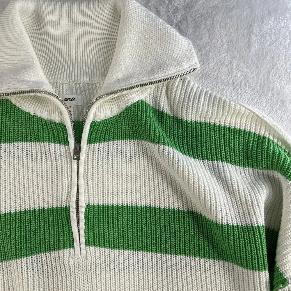 Aerie L Large Oversized Beyond Quarter Zip Sweater Knit Polo Green Stripe Womens - Image 5