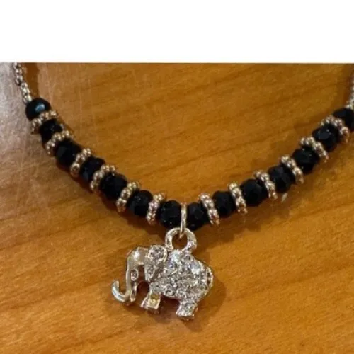Elephant Charm Bracelet Black Beads Gold‎ Tone Adjustable Boho Chic Gold - Image 2