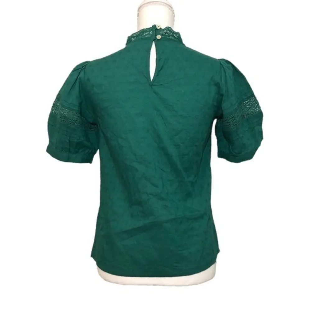 NWOT Teal Green Crochet Trim High Neck Peasant Top Blouse Puff Sleeve New - Image 4