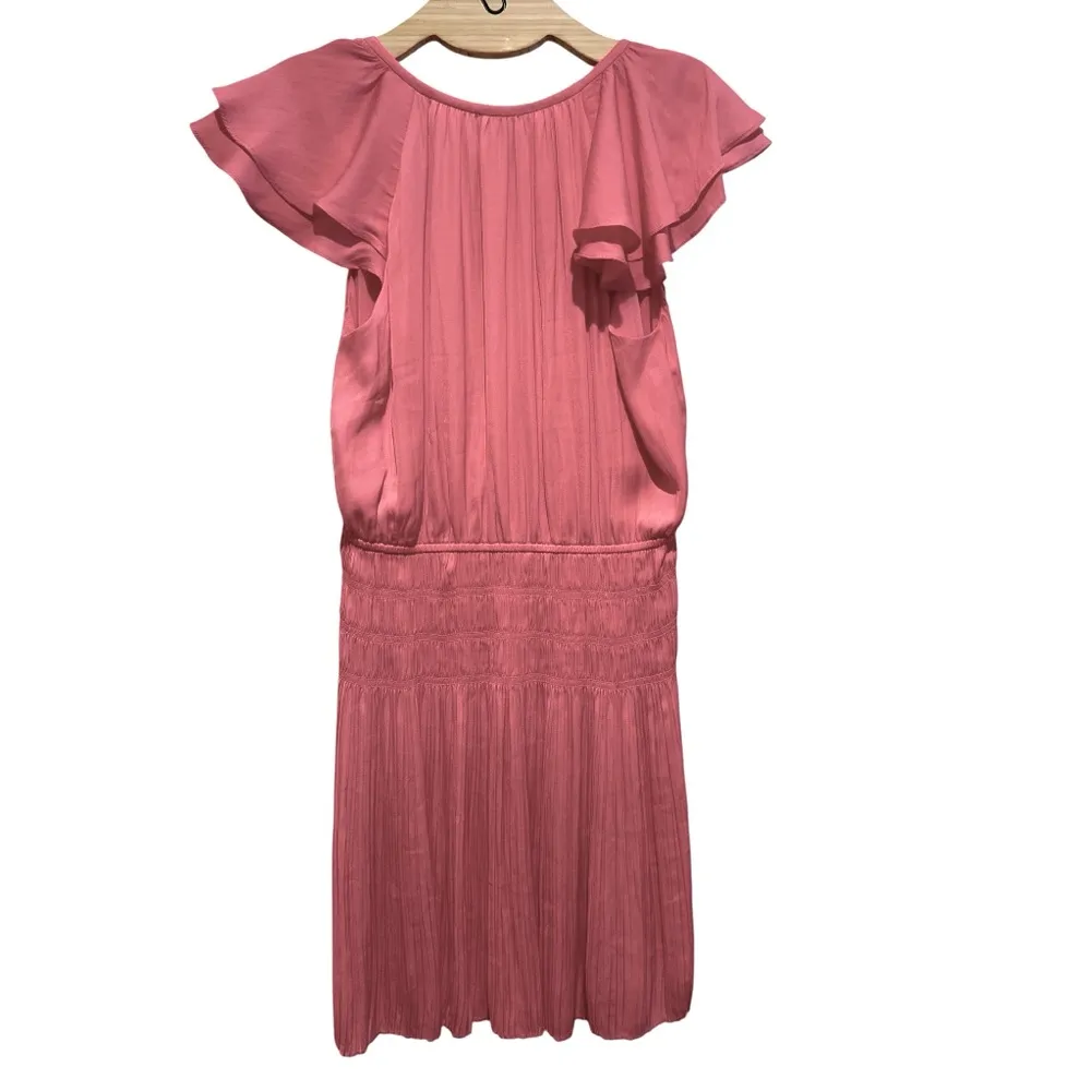 ANTHRO CURRENT AIR PINK SHORT FLUTTER SLEEVE PLEATED SMOCKED VNECK DRESS L - Image 4