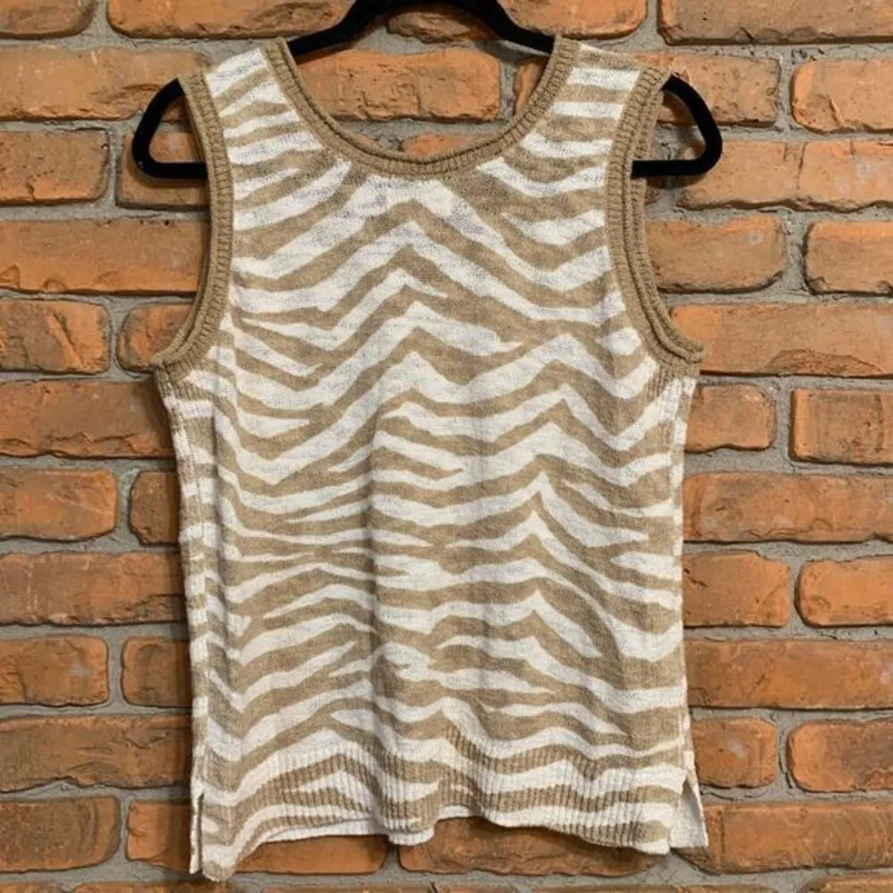 Lou & Grey Top Women's Medium Tan White Zebra Print Sleeveless Sweater Tank Knit - Image 2