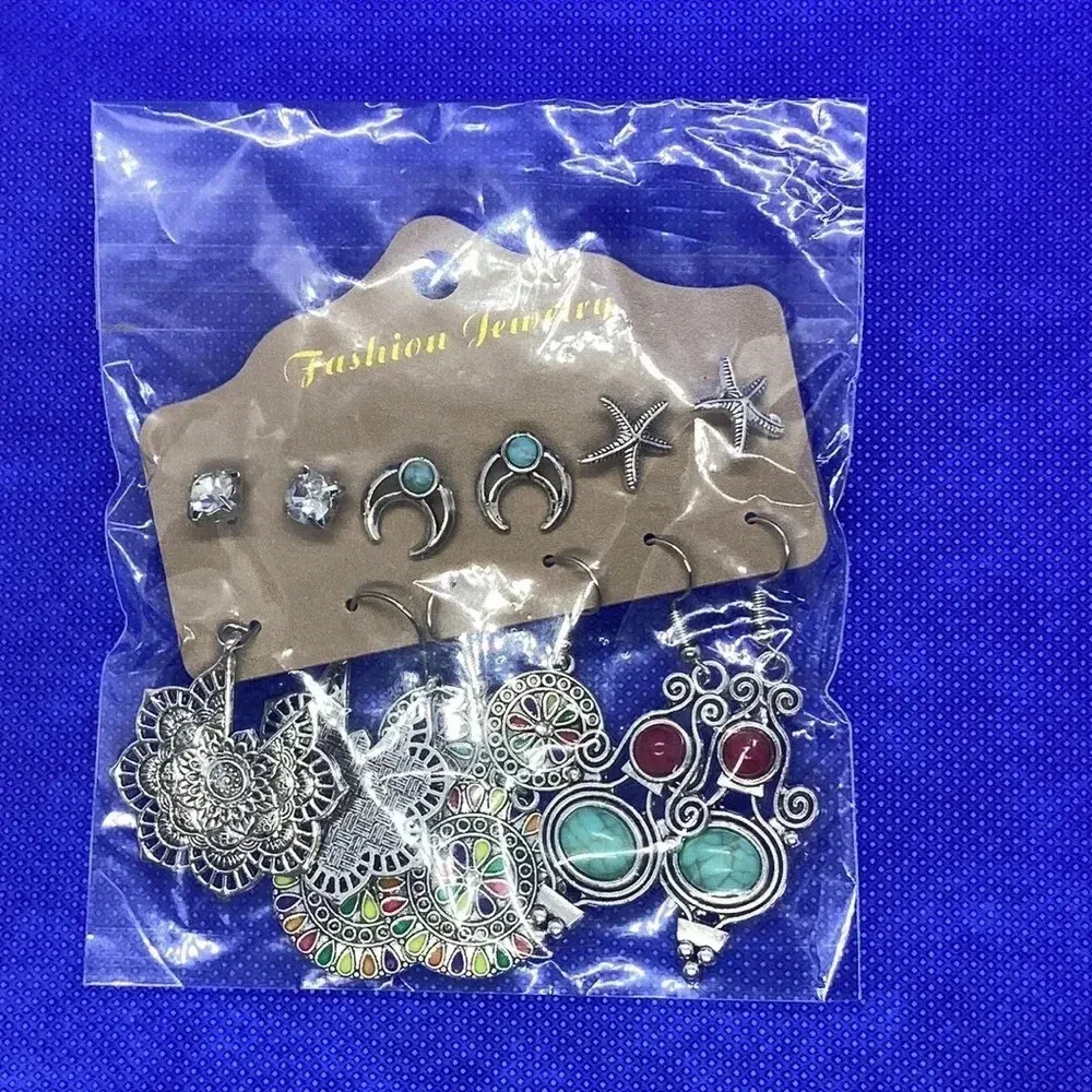 New boho earrings crescent moon starfish geometric 6 pair multipack Silver - Image 5