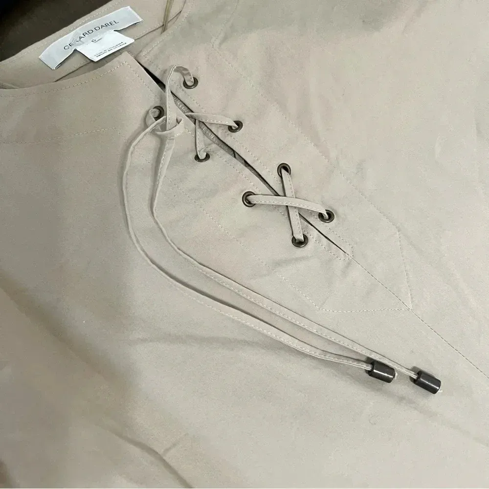 Gerard Darel Khaki Tan Shirt Dress Lace Up Front Cotton 38 M Medium Lagenlook - Image 7