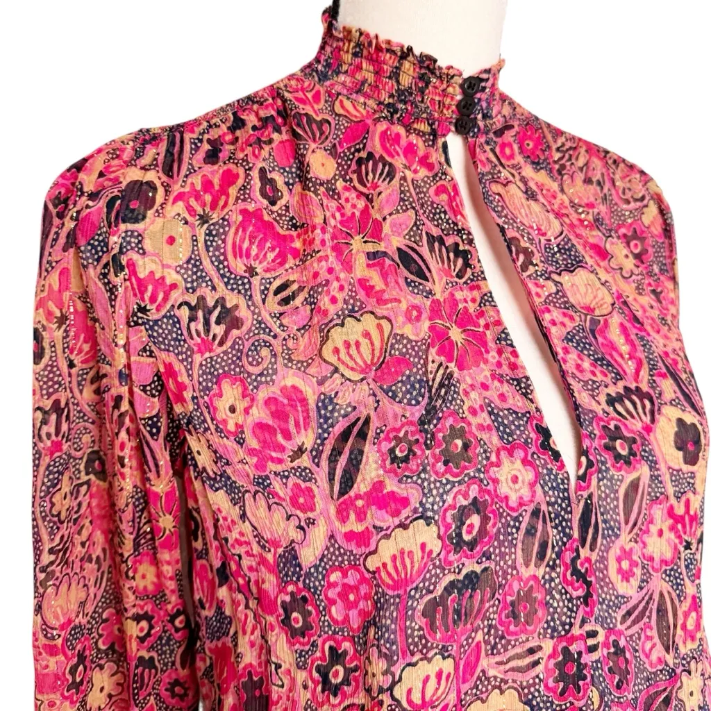 A.L.C. SILVIE METALLIC SILK BLEND FLORAL SMOCKED DRESS SZ 4 - Image 5