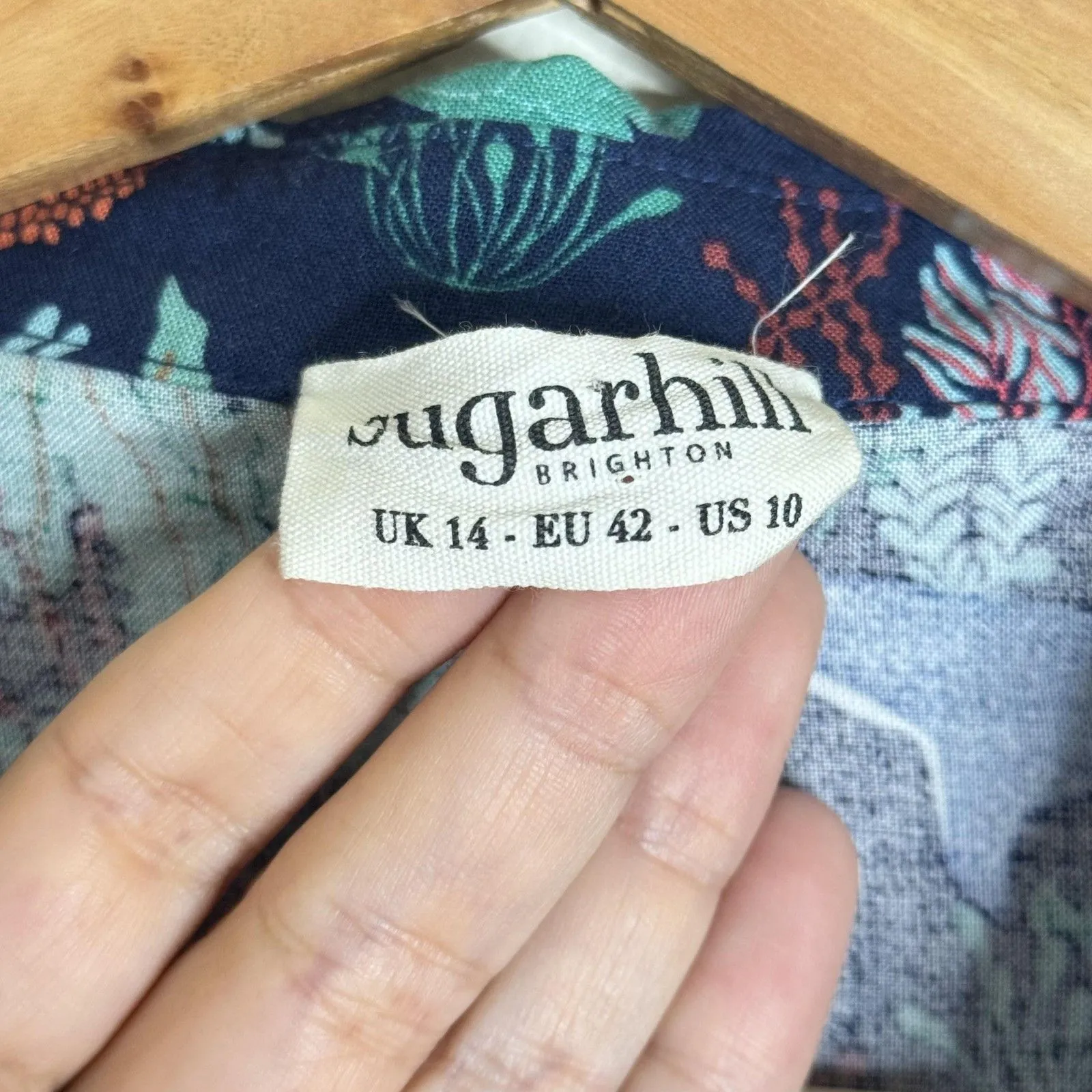 Sugarhill Brighton Dress Womens 10 Navy Sea Life Print Short Sleeve Tie Waist - Image 5