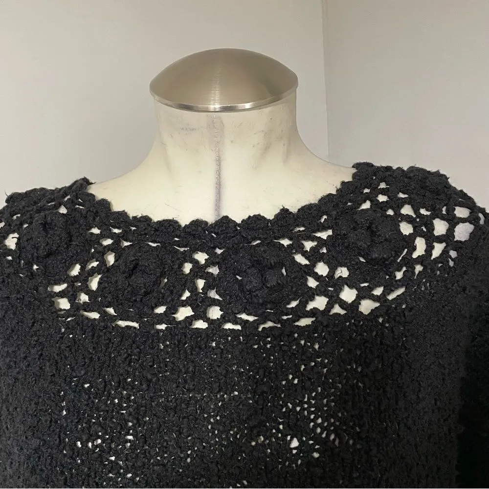 Carraig Donn Black Crochet Flowers 100% Pure Irish Boho Indie‎ Wool Sweater S - Image 4