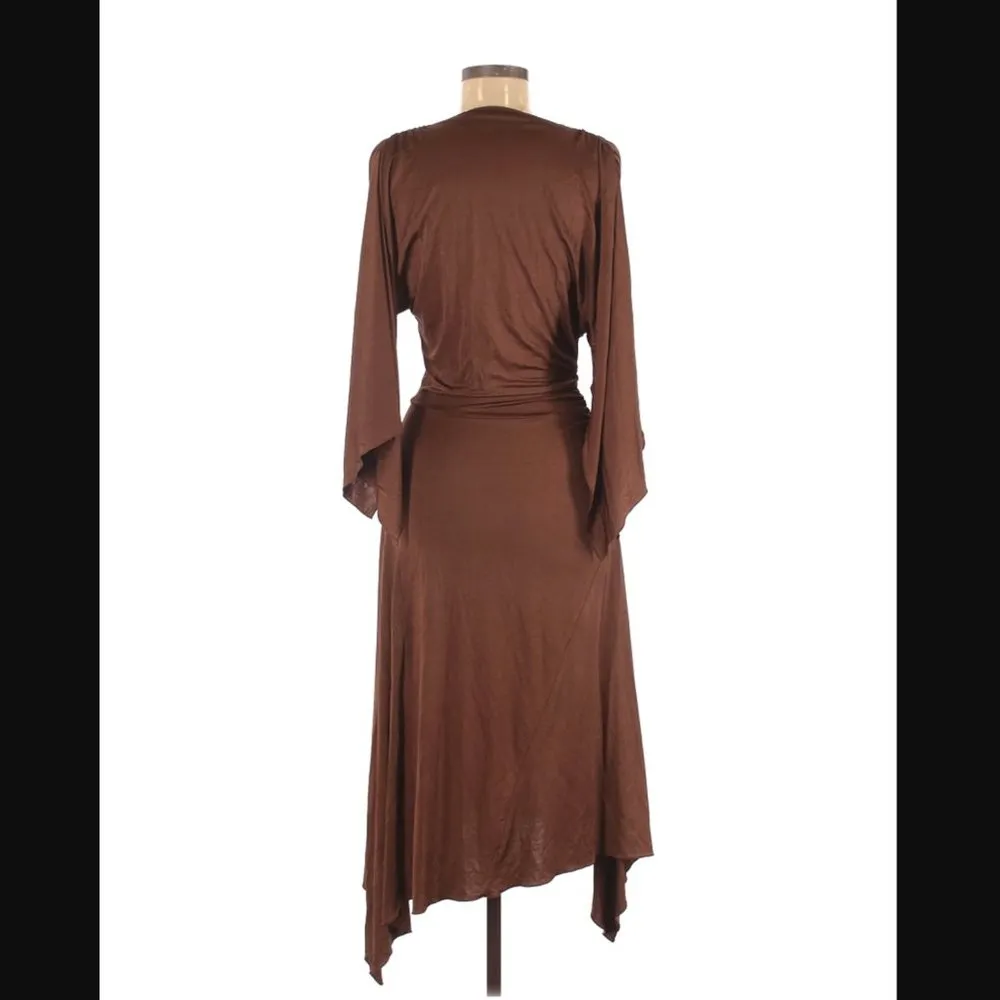 Black Halo Dress M Faux Wrap Asymmetrical Handkerchief Hem Dark Brown Copper - Image 3