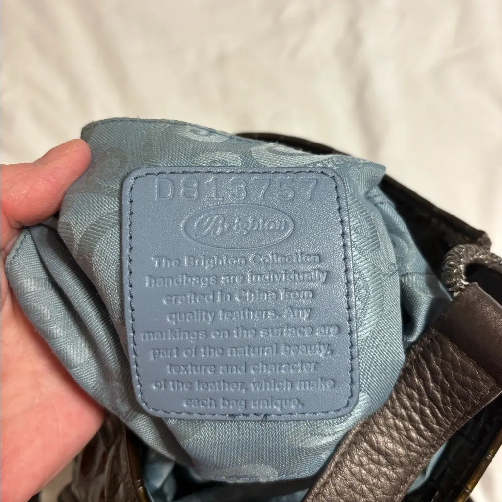 Brighton Croc Embossed Leather Shoulder Bag Brown Zip Hobo - Image 4