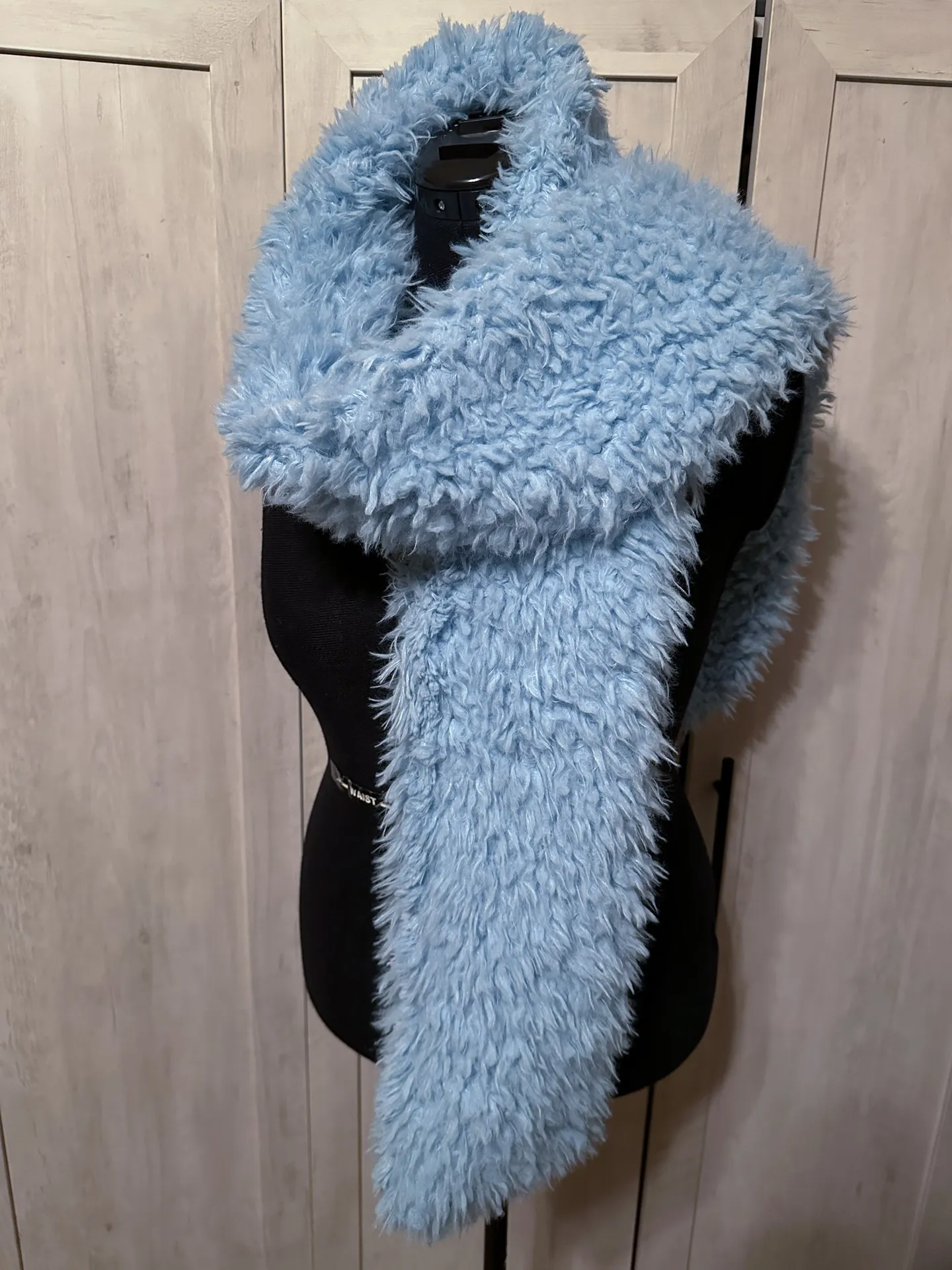 Handmade Light Baby Blue Flokati Fluffy Mohair Curly Shaggy Faux Fur Long Scarves Scarf - Image 7