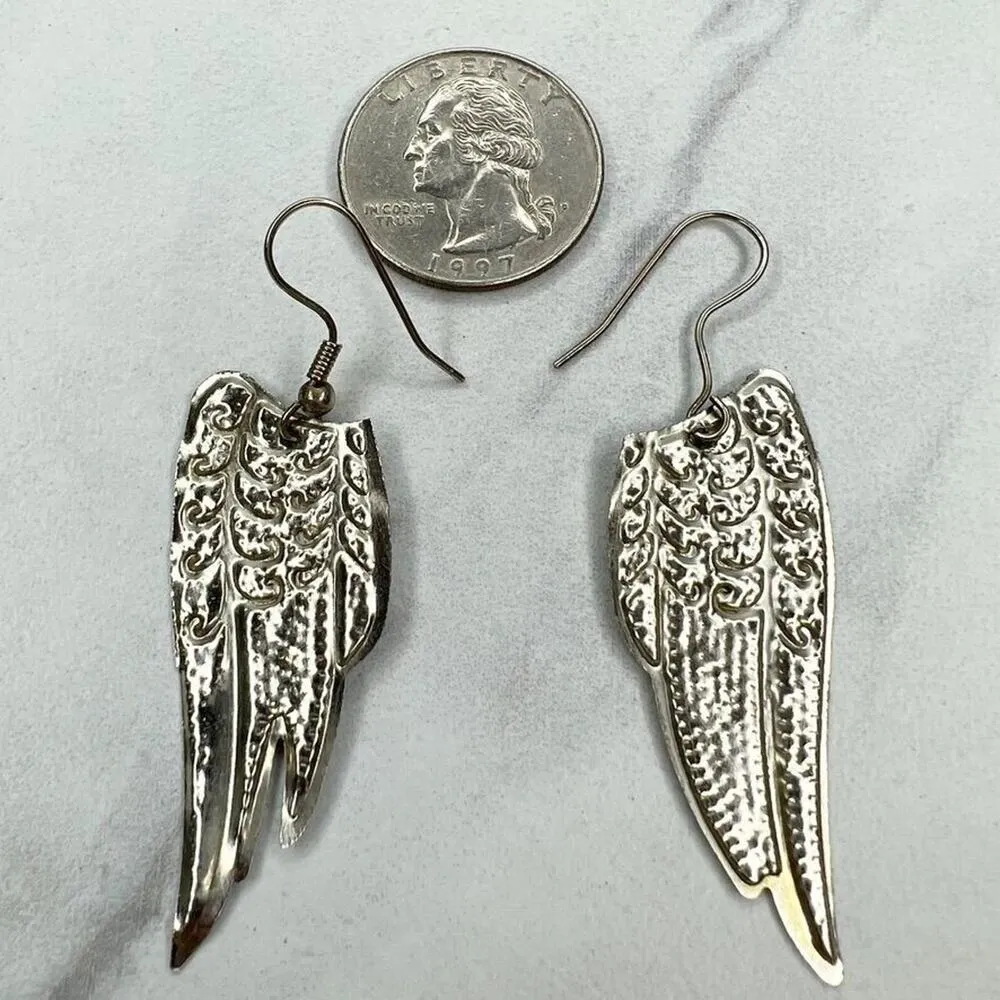 Angel Wings Dangle Silver Tone Earrings Pierced Pair - Image 4