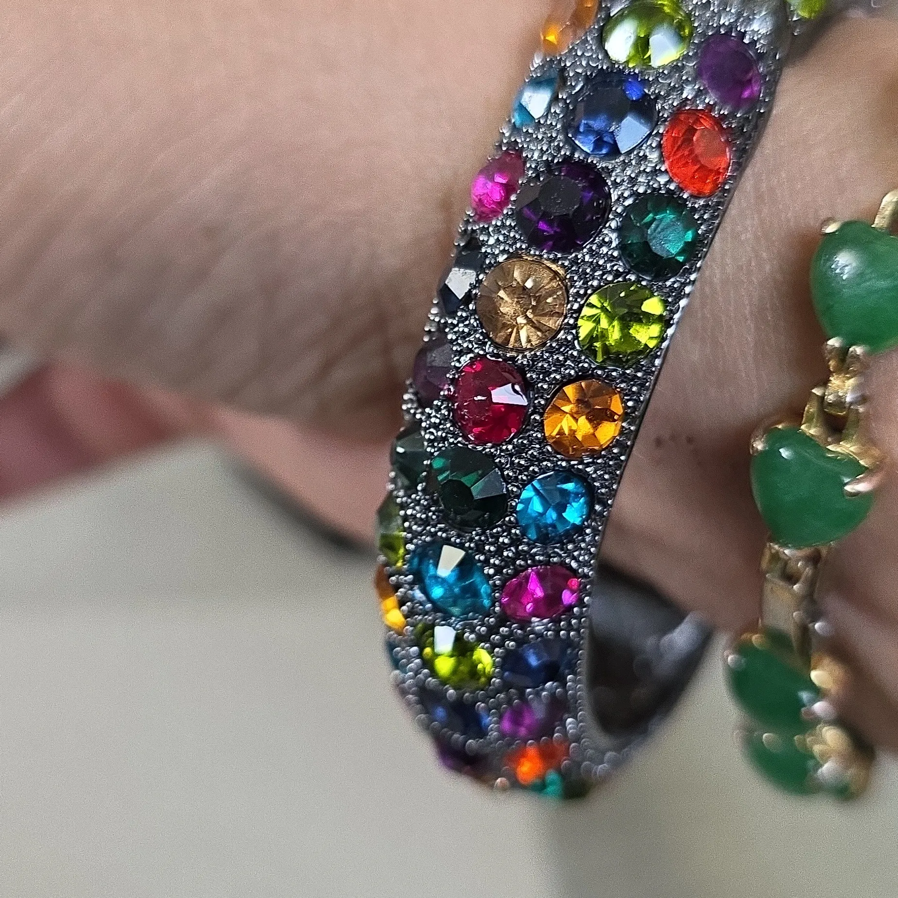 Vintage Oxidized Silver Multi Color Crystal Clamper Hinge Bangle Bracelet - Image 10