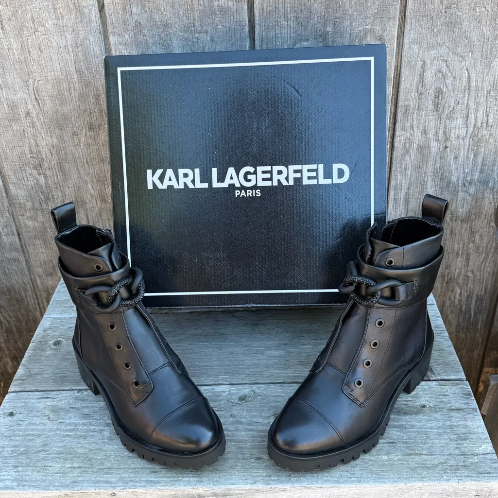 NIB KARL LAGERFELD Paris Pepper Boots Grommets meet buckled straps elegant 7.5 - Image 1
