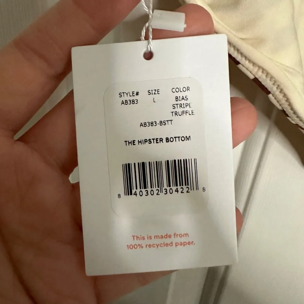 Andie Swim Hipster Bikini Bottom in Bias Stripe Truffle Brown Cream Size Large - Image 5