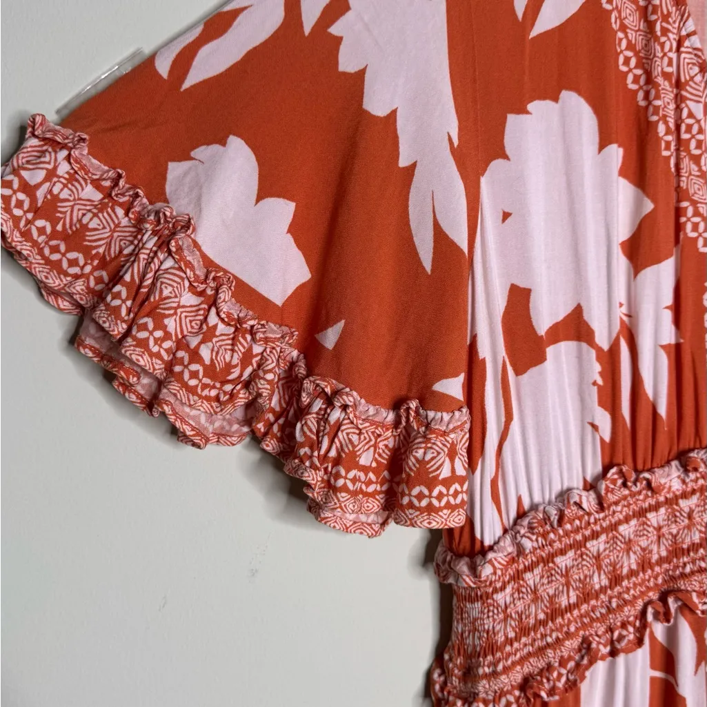 Flying Tomatoe Bohemian Maxi Dress in Orange White Floral Ruffle Dress Size L - Image 10