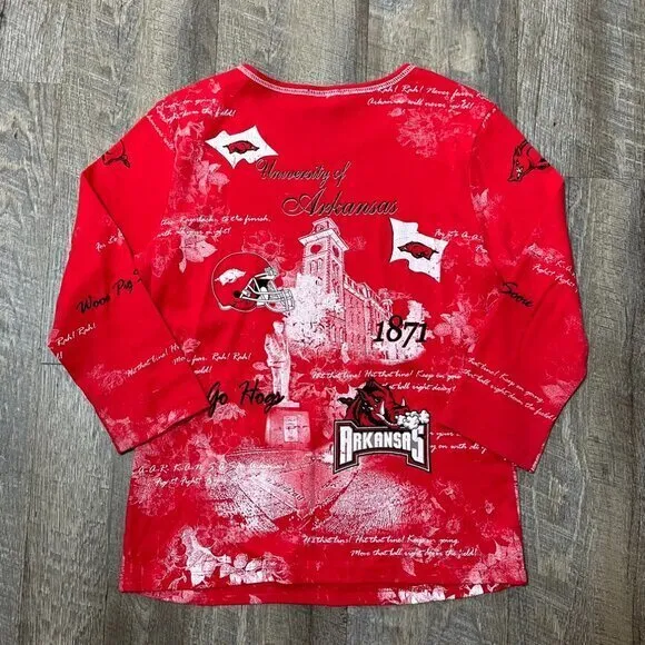 Vintage‎ 90s Arkansas Razorbacks Graphic Retro 3/4 Sleeve Top Womens Medium Red - Image 6