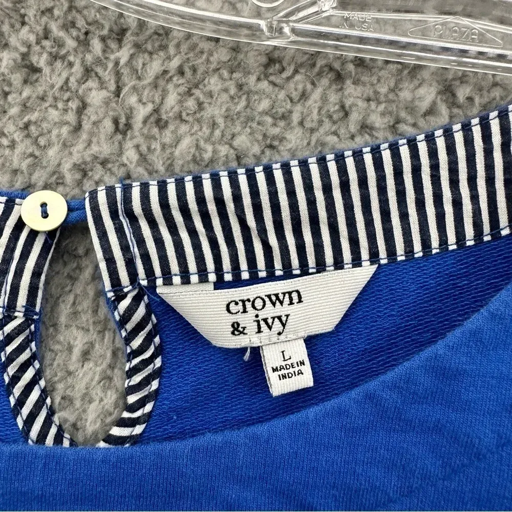 Crown &‎ Ivy Long Sleeve Top Beaded Elephant Blue White Striped Women's Large - Image 6