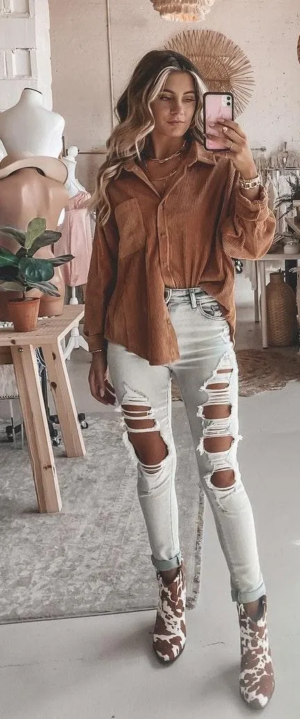 Amazing Lace  CAMEL CORDUROY BUTTON UP - Image 10