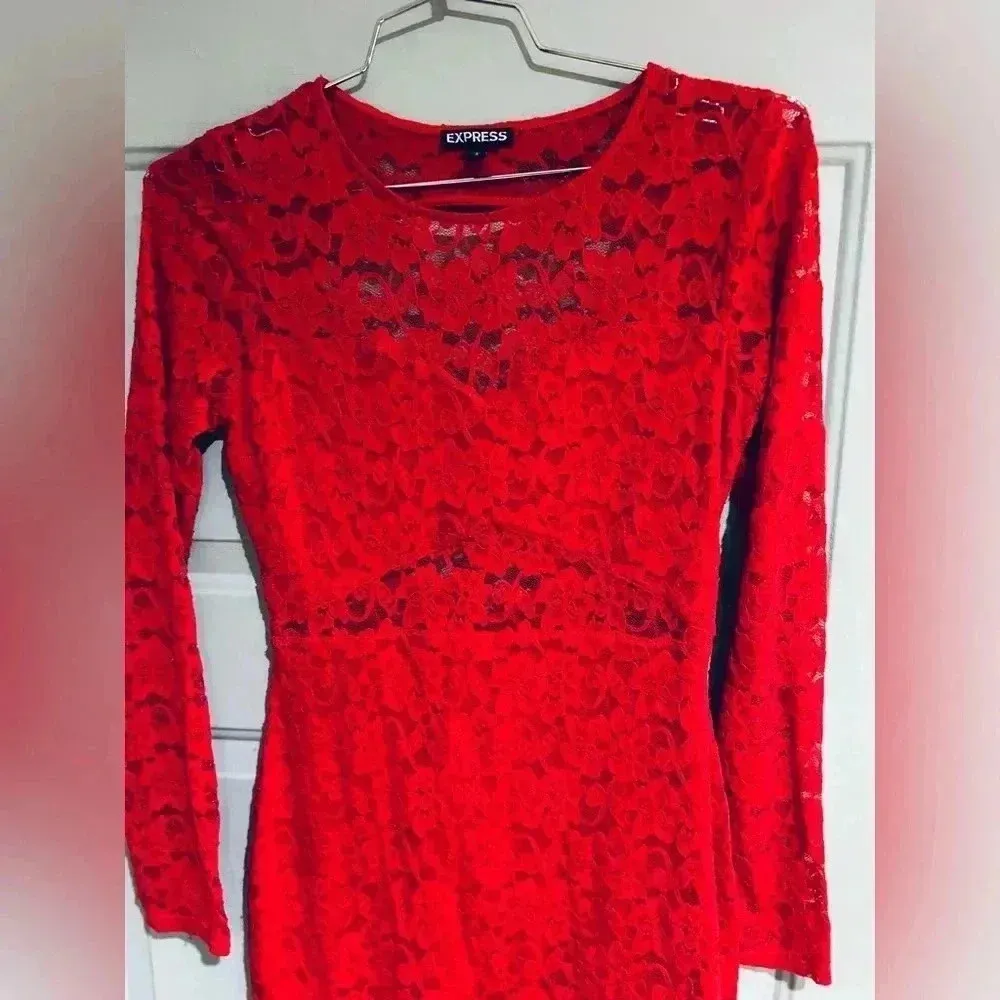 Express Red Floral Lace Bodycon Long Sleeve Mini Dress size medium - Image 8