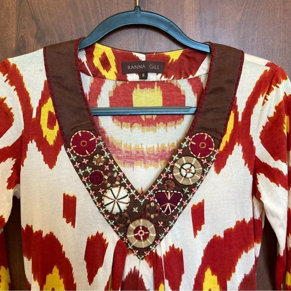 ANTHROPOLOGIE Ranna Gill Silk Kaftan Tunic Ikat Red & Yellow Beaded Size Small Red - Image 3