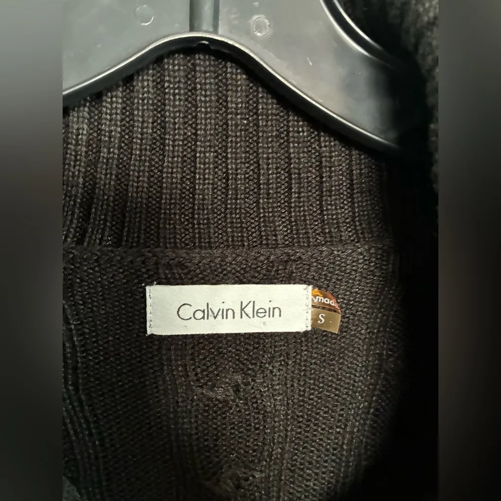 Calvin Klein S Cable Knit Sweater Dress Black 3/4 Sleeve Leather Strap Accent - Image 3