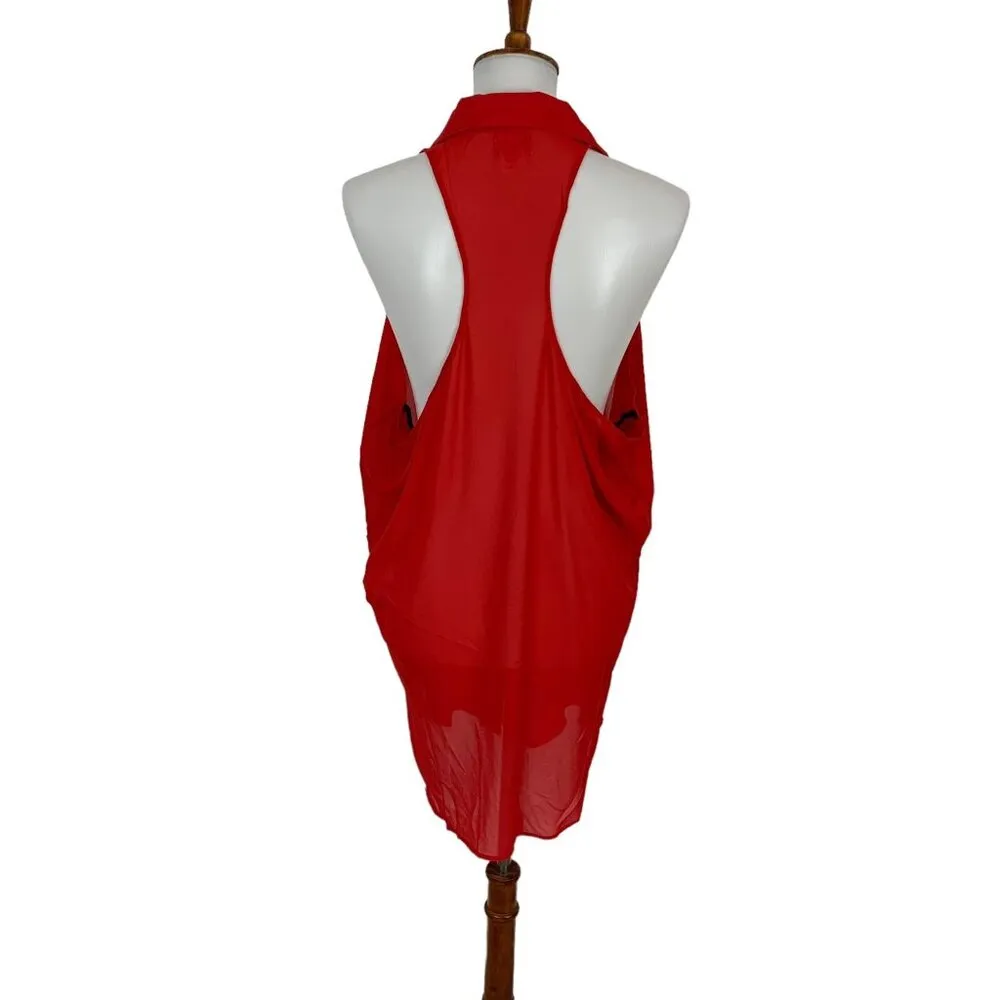 W By Wenjie Red Top Large Sleeveless Button Down Bold Statement Cottagecore - Image 4