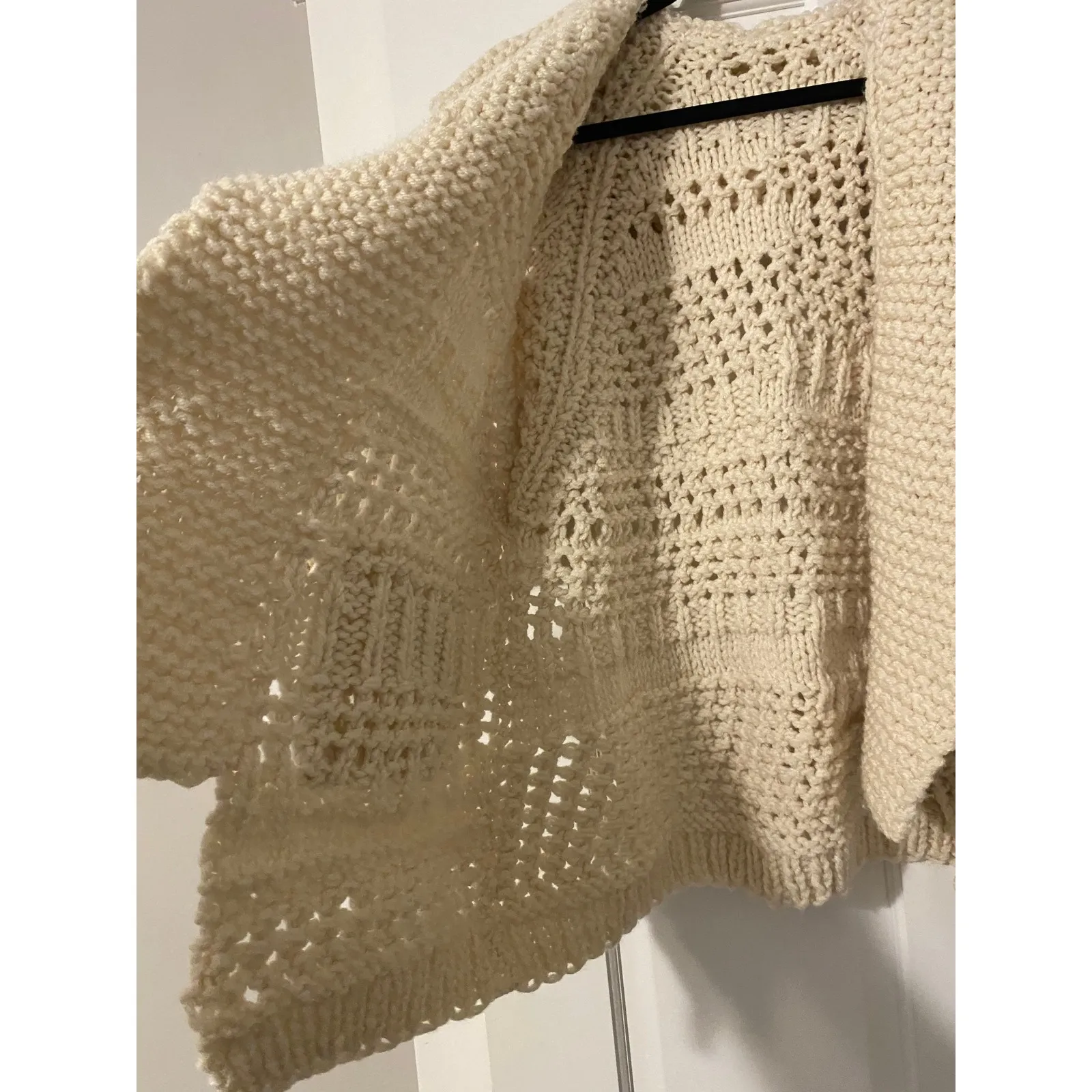 Vintage Handmade Chunky Knit Open Front Cream Cardigan Sweater Medium Heritage - Image 2