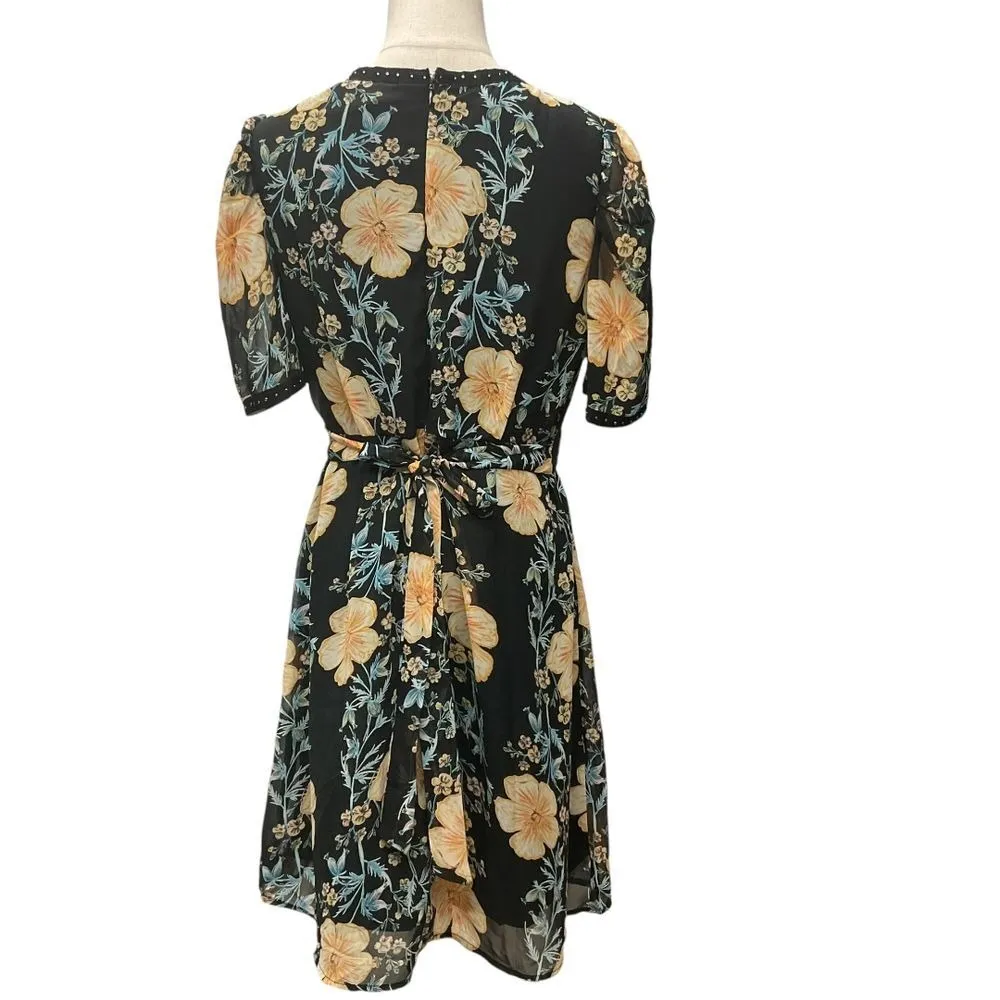 Hayden LA Women's Floral Print Midi Dress Black Yellow Short Sleeve Size L‎ NWT - Image 5