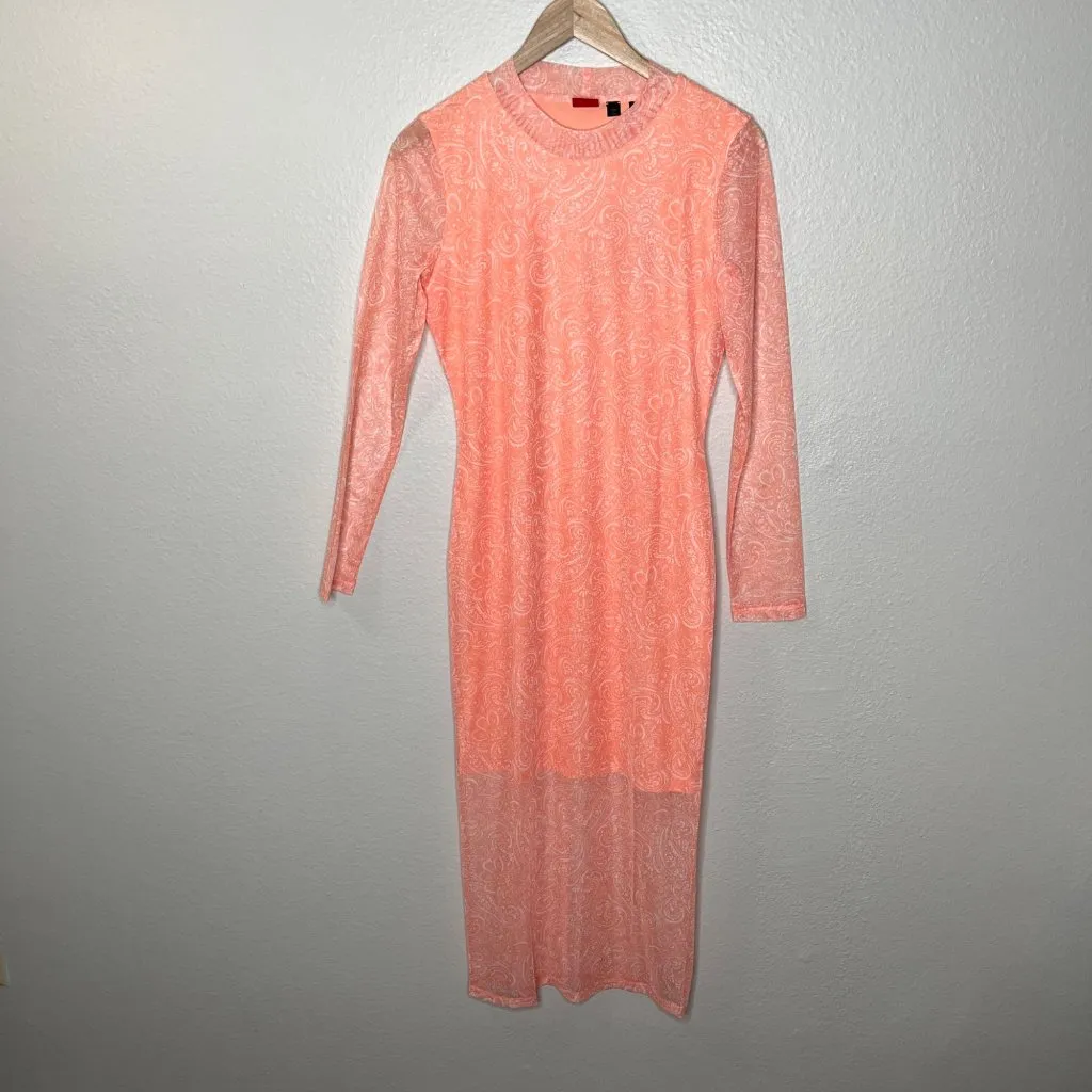 Hugo Boss Womens Nasusi Long Sleeve Orange Stretch Mesh Paisley Midi Dress Large - Image 12