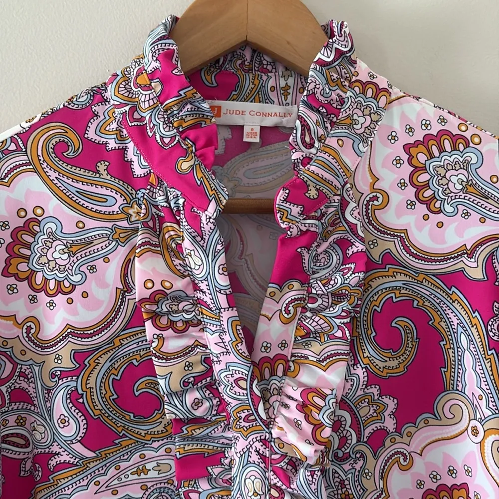 Jude Connally Palm Beach Paisley Pink Long Sleeve Top Ruffle V Neck Size S - Image 2