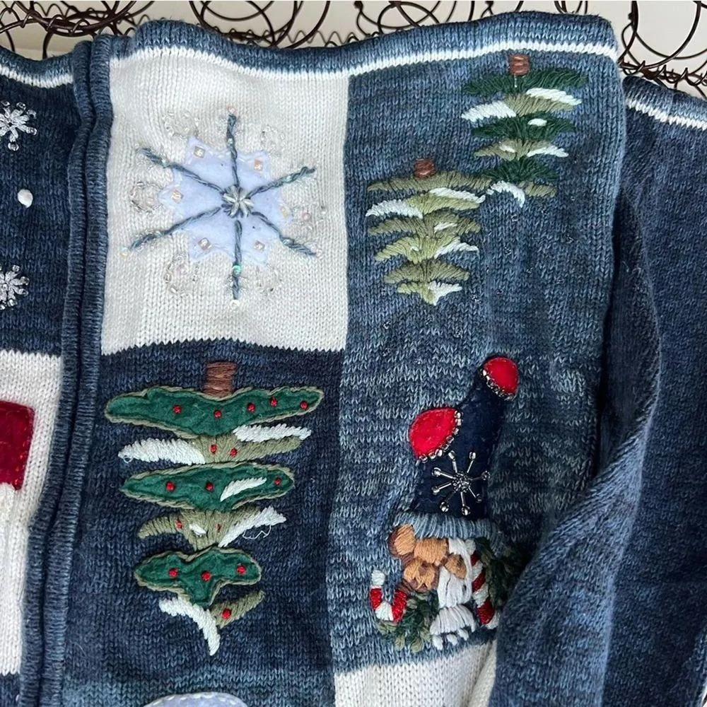 Vintage Y2K Tiara Ugly Christmas Winter Cardigan Sweater Patch Sampler Blue MED - Image 4