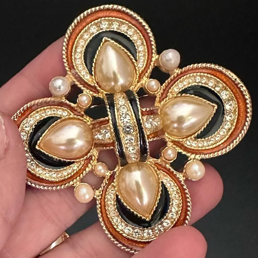 Vintage 90’s Jackie Orr Spanish Style Black & Copper Pearl & CZ Set Gold - Image 9