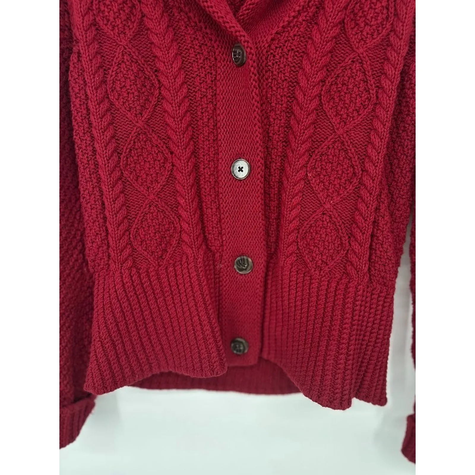 LL Bean Signature Chunky Knit Fisherman Shawl Collar Cardigan Sweater Medium Red - Image 2