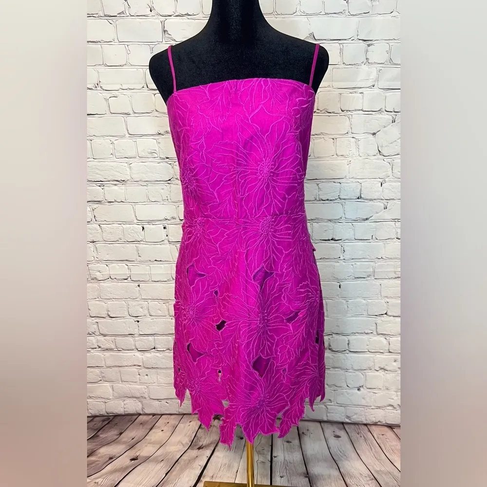 H&M EMBROIDERED CUT OUT MINI DRESS PURPLE PINK MAGENTA 100% cotton sundress L - Image 4