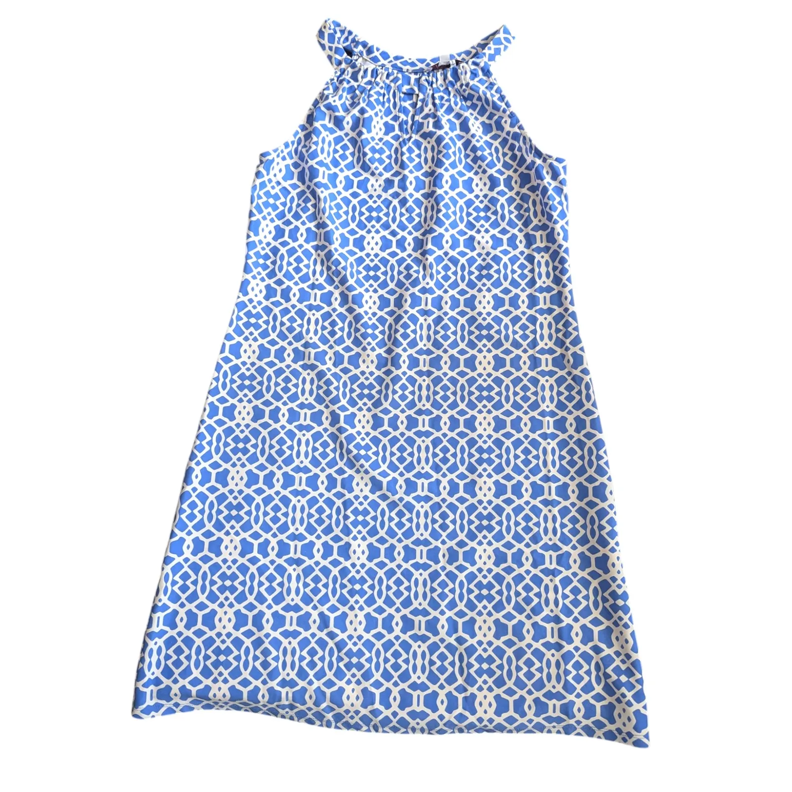 Jude Connally Dress Blue White Keyhole Halter Sleeveless Geometric Resortwear - Image 9