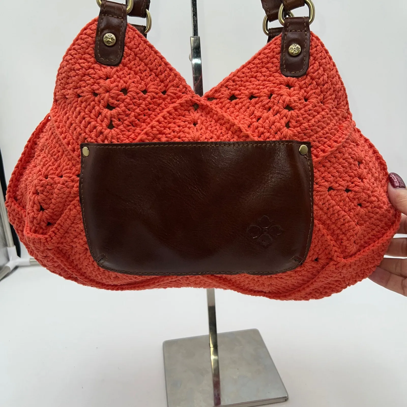 Patricia Nash Apricot Crochet Leather Trim Button Shoulder Bag Purse - Image 3