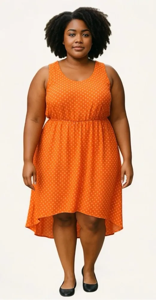 Polka Dot Dress Plus Size 1X Chiffon Sleeveless Retro Asymmetrical Bold Flowy Orange - Image 1