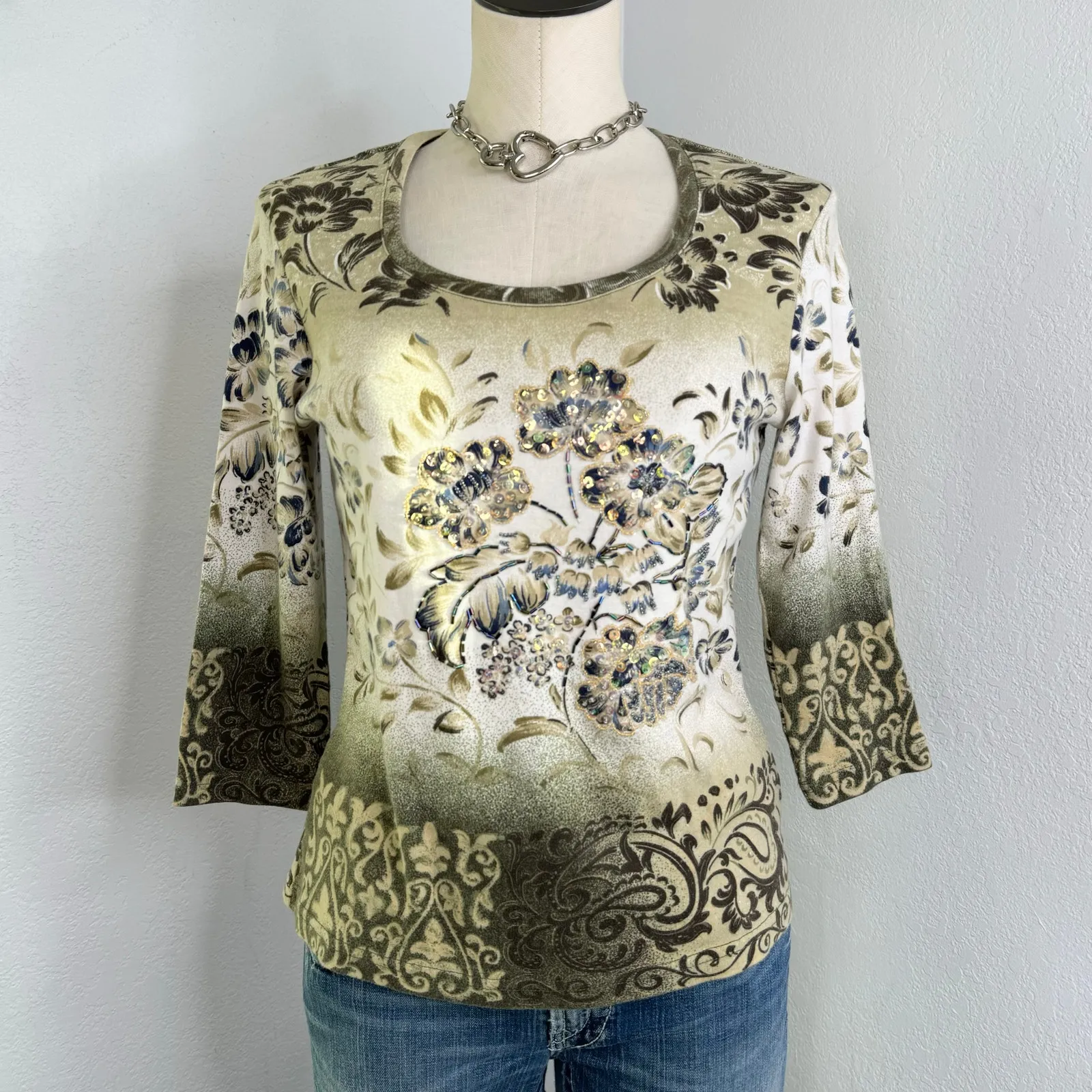 Y2K Fairycore Green Flower Design Printed 3/4 Sleeves Top Size Medium - Image 2