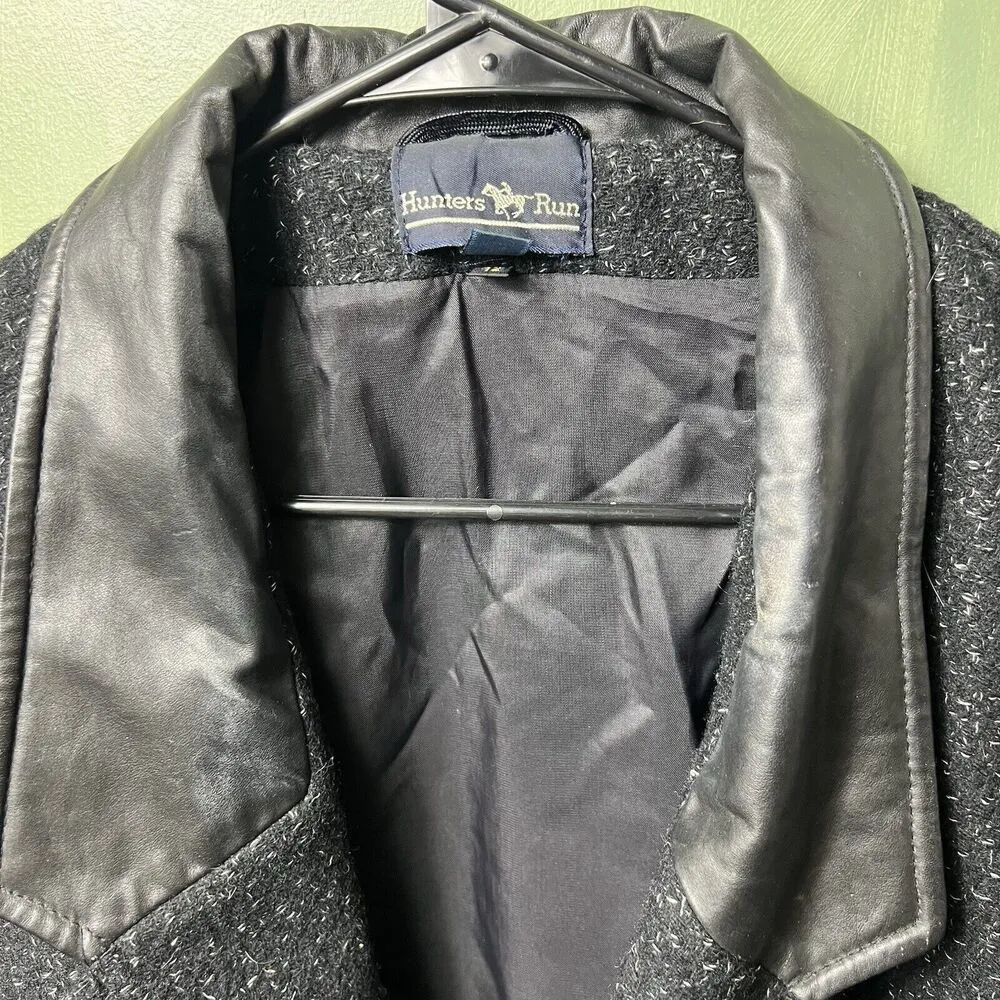 Vintage Hunters Run Wool Peacoat Women 12 Midi Black Leather Trim Winter Coat - Image 5