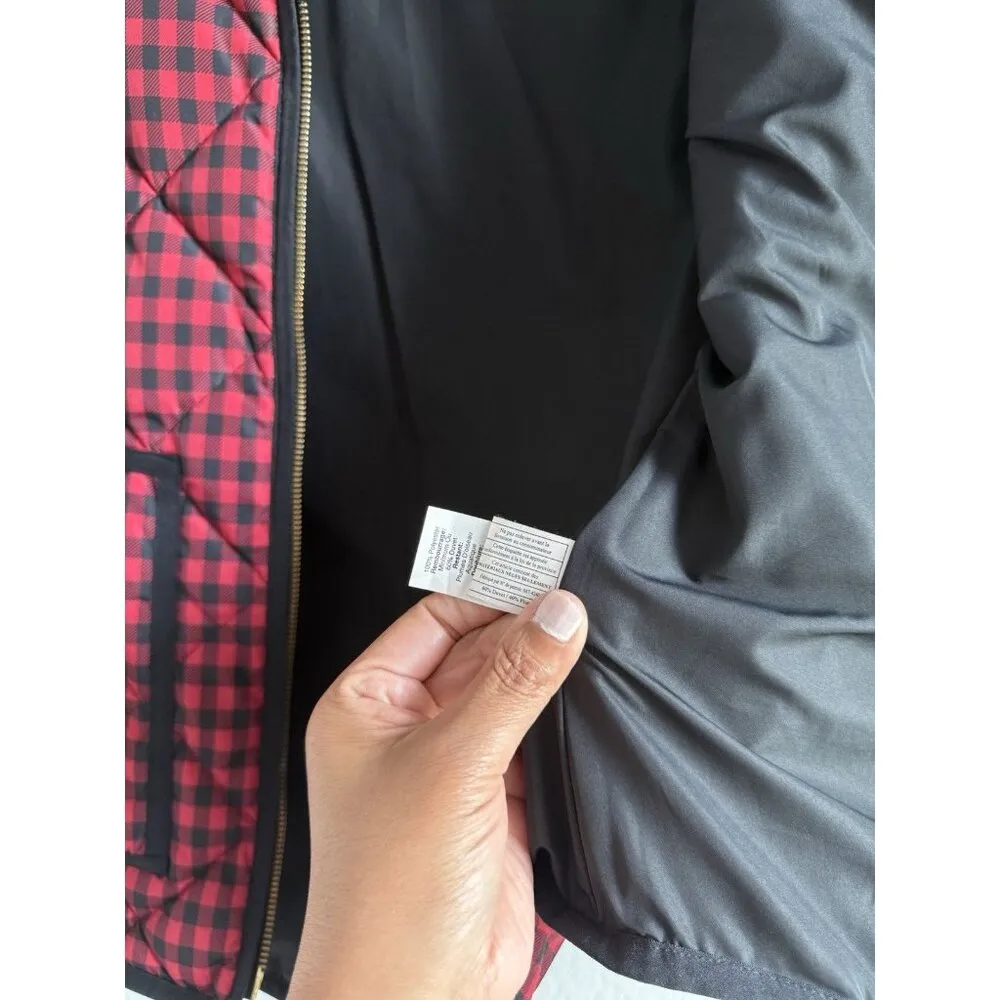 J.Crew Down Puffer Vest Womens Small Black‎ Red Gingham Printed Quilted Full Zip - Image 9