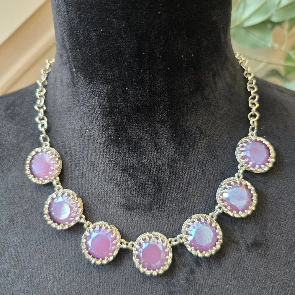 Women Pink Shiny Crystal Statement Silver Tone Chain Necklace with Lobster Clasp - Image 2